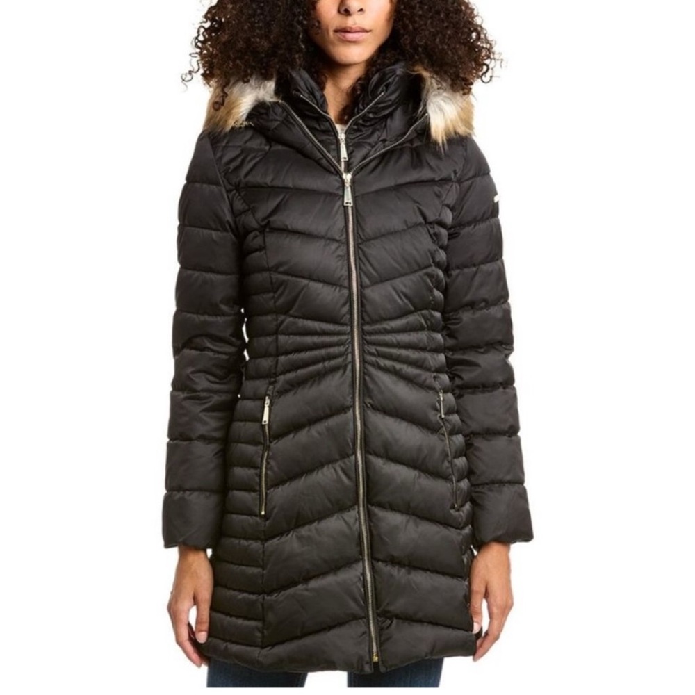 Laundry By Shelli Segal Black Puffer Coat with Fur Trim